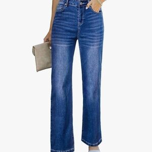 Sidefeel Wide Leg Blue Straight High Rise Casual Jeans Dark Wash Denim Womens 8